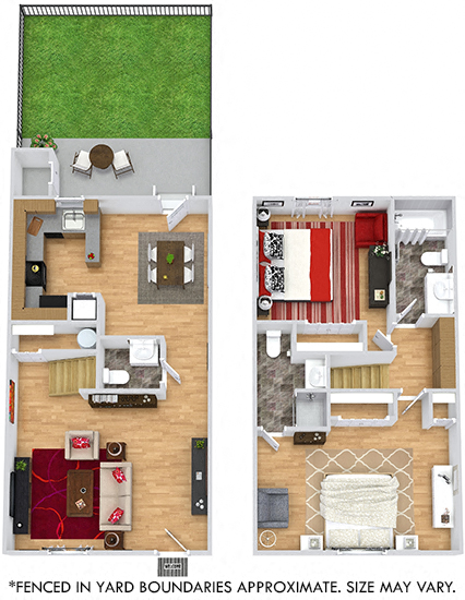 Floor plan for 2 beds, 2.5 baths, 1173 sqft